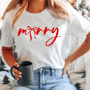 Small Ash Gray Merry Bow Christmas Graphic Tee, Holiday Coquette Shirt, Girly Christmas Tee