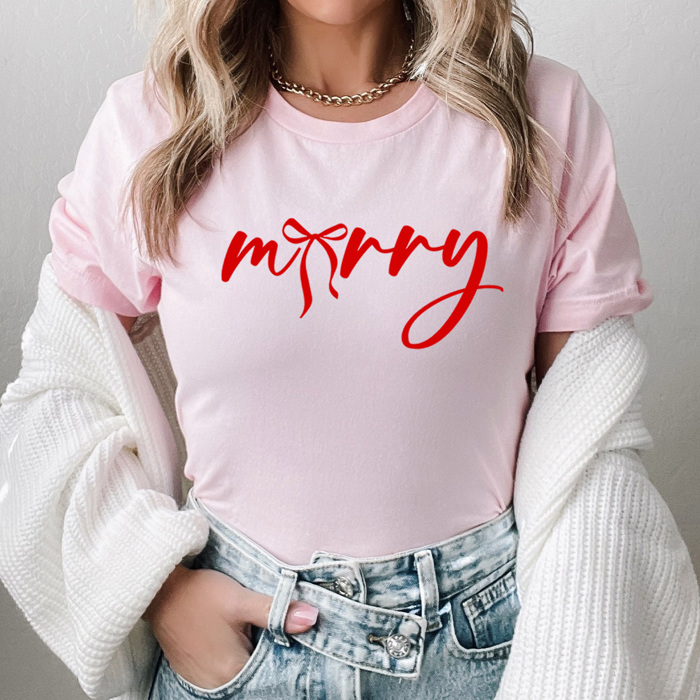 Merry Bow Christmas Graphic Tee, Holiday Coquette Shirt, Girly Christmas Tee