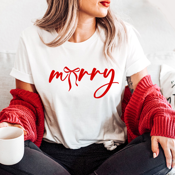 Merry Bow Christmas Graphic Tee, Holiday Coquette Shirt, Girly Christmas Tee