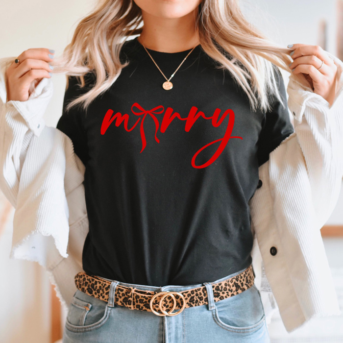 Merry Bow Christmas Graphic Tee, Holiday Coquette Shirt, Girly Christmas Tee