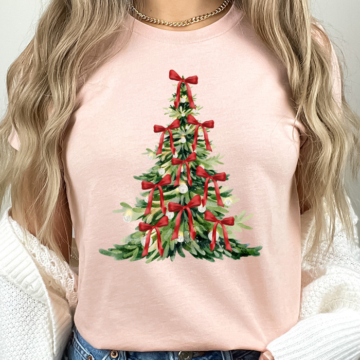 Christmas Tree Bow Graphic Tee, Coquette Holiday Tee, Christmas Tree Shirt 