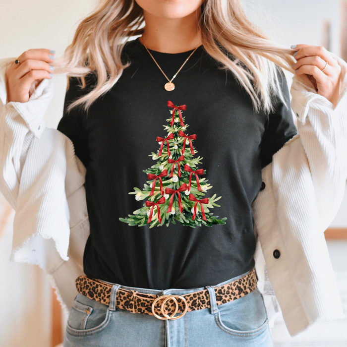 Christmas Tree Bow Graphic Tee, Coquette Holiday Tee, Christmas Tree Shirt 