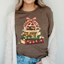 Small Brown Holiday Vintage Book Tree Graphic Tee, Christmas Book Stack Shirt, Festive Reading Tee
