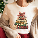 Medium Cream Holiday Vintage Book Tree Graphic Tee, Christmas Book Stack Shirt, Festive Reading Tee