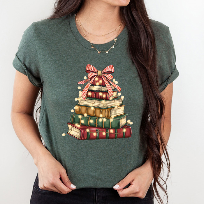 Holiday Vintage Book Tree Graphic Tee, Christmas Book Stack Shirt, Festive Reading Tee
