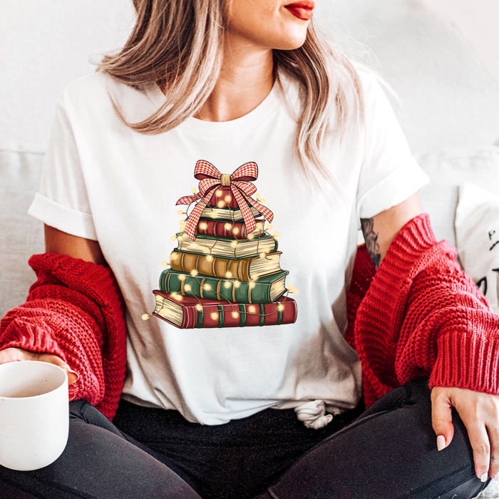 Holiday Vintage Book Tree Graphic Tee, Christmas Book Stack Shirt, Festive Reading Tee