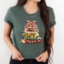  Holiday Vintage Book Tree Graphic Tee, Christmas Book Stack Shirt, Festive Reading Tee