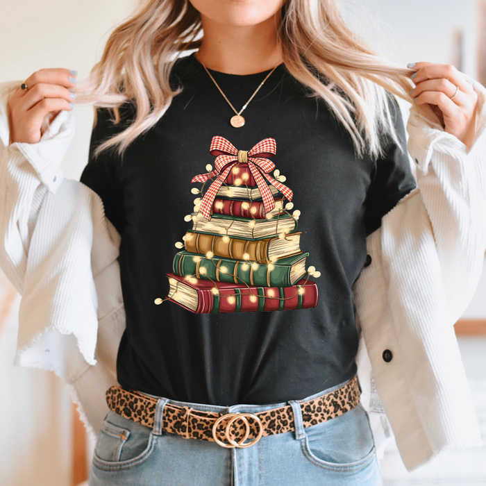 Holiday Vintage Book Tree Graphic Tee, Christmas Book Stack Shirt, Festive Reading Tee