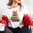  Holiday Vintage Book Tree Graphic Tee, Christmas Book Stack Shirt, Festive Reading Tee