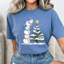 Small Blue Jean Festive Snowmen Comfort Colors Tee, Winter Snow Graphic Tee, Snowman Shirt