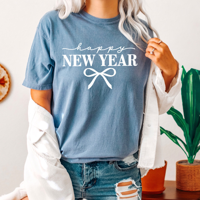 Happy New Year Bow Comfort Colors Tee, Coquette New Years Graphic Tee, 2026 New Years Party Shirt