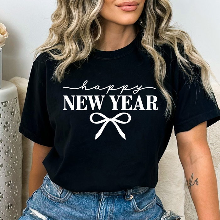 Happy New Year Bow Comfort Colors Tee, Coquette New Years Graphic Tee, 2026 New Years Party Shirt
