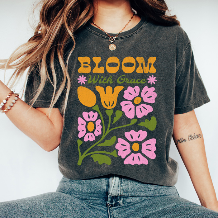 Bloom With Grace Comfort Colors Tee, Whimsical Flowers Graphic Tee, Spring Floral Shirt
