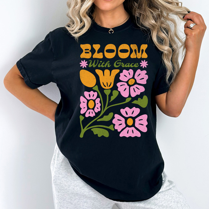 Bloom With Grace Comfort Colors Tee, Whimsical Flowers Graphic Tee, Spring Floral Shirt