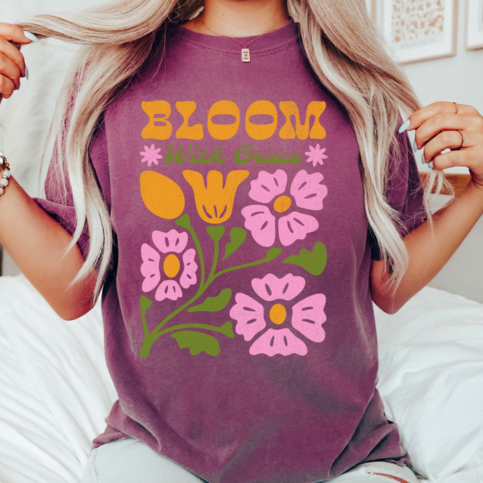 Bloom With Grace Comfort Colors Tee, Whimsical Flowers Graphic Tee, Spring Floral Shirt