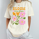 Small Ivory Bloom With Grace Comfort Colors Tee, Whimsical Flowers Graphic Tee, Spring Floral Shirt