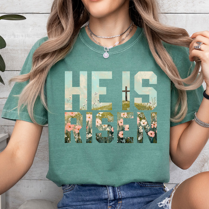 He Is Risen Comfort Colors Tee, Easter Worship Floral Graphic Tee, Spring Jesus Shirt 