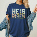 XXL Navy He Is Risen Comfort Colors Tee, Easter Worship Floral Graphic Tee, Spring Jesus Shirt 