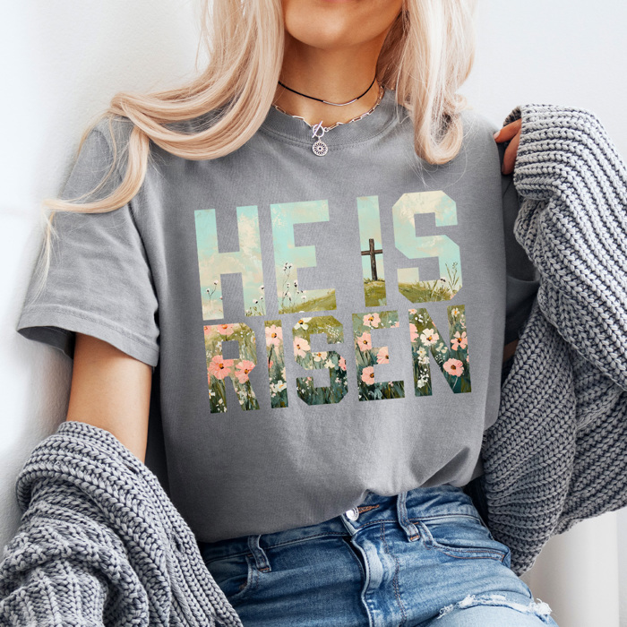 He Is Risen Comfort Colors Tee, Easter Worship Floral Graphic Tee, Spring Jesus Shirt 