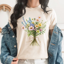 Large Cream Spring Colorful Floral Bouquet Graphic Tee, Bright Wildflower Shirt, Spring Flowers Tee