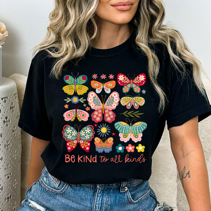 Be Kind To All Kinds Butterflies Comfort Colors, Spring Floral Butterfly Graphic Tee, Flower Butterfly Shirt   