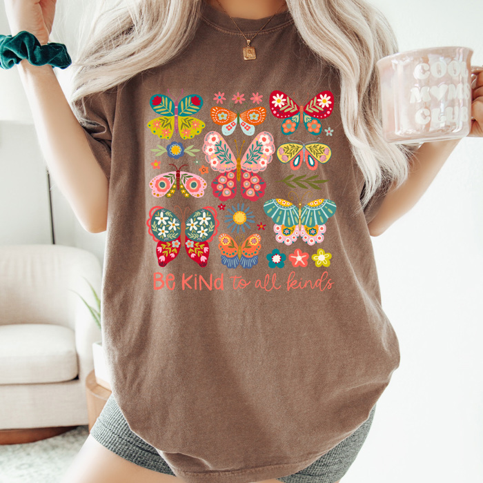 Be Kind To All Kinds Butterflies Comfort Colors, Spring Floral Butterfly Graphic Tee, Flower Butterfly Shirt   