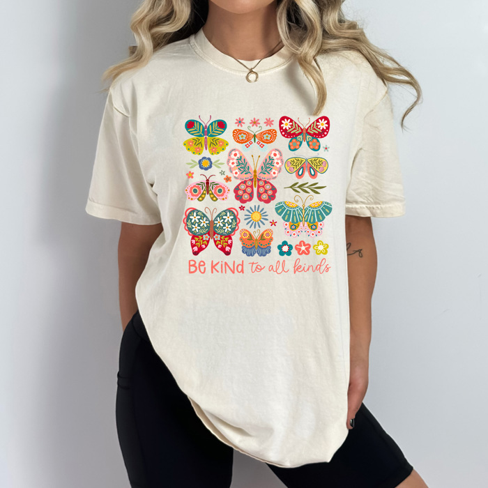 Be Kind To All Kinds Butterflies Comfort Colors, Spring Floral Butterfly Graphic Tee, Flower Butterfly Shirt   