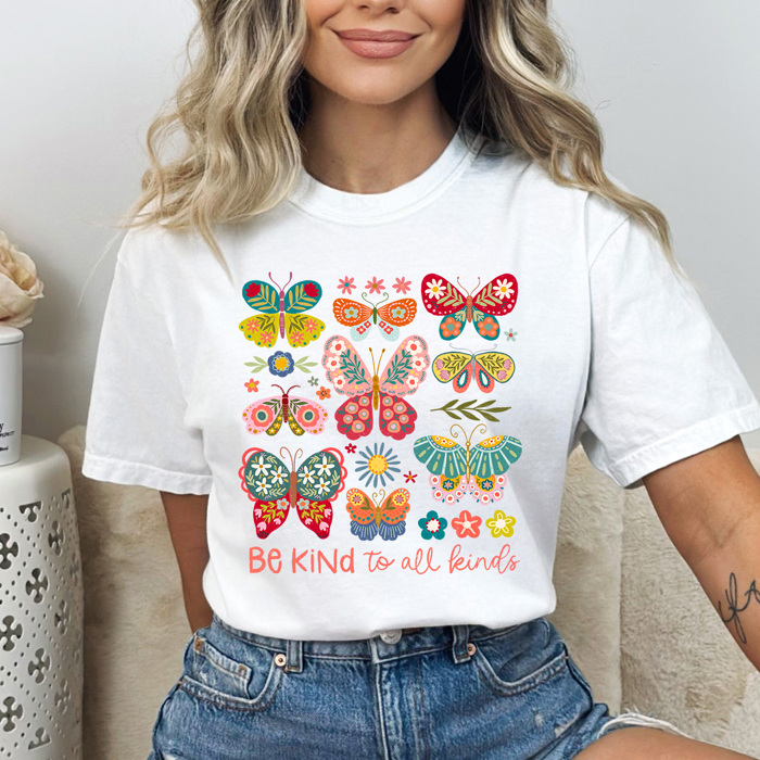 Be Kind To All Kinds Butterflies Comfort Colors, Spring Floral Butterfly Graphic Tee, Flower Butterfly Shirt   