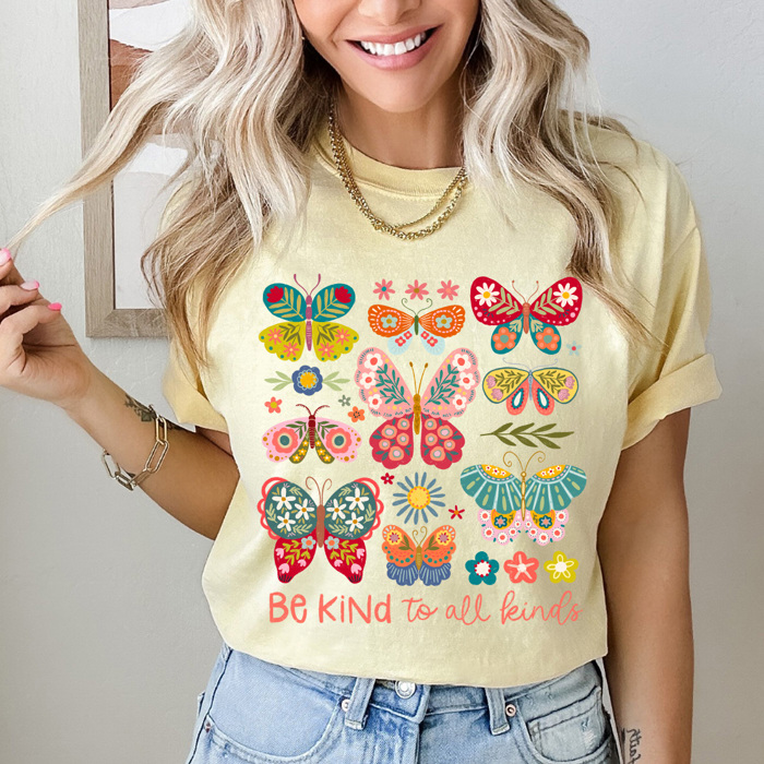 Be Kind To All Kinds Butterflies Comfort Colors, Spring Floral Butterfly Graphic Tee, Flower Butterfly Shirt   