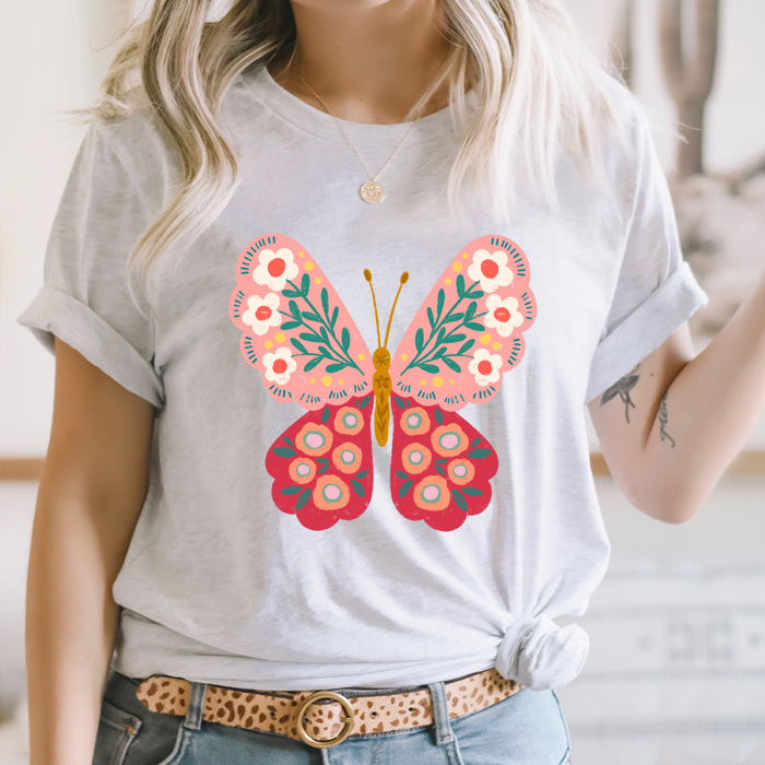 Spring Pink Flower Butterfly Graphic Tee, Floral Butterfly Shirt, Spring Flowers  