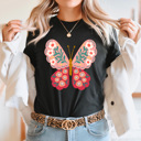 XL Black Spring Pink Flower Butterfly Graphic Tee, Floral Butterfly Shirt, Spring Flowers  