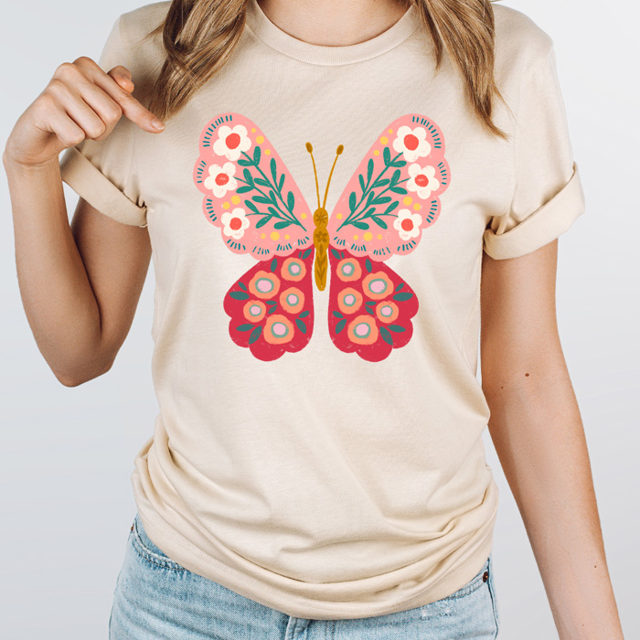 Spring Pink Flower Butterfly Graphic Tee, Floral Butterfly Shirt, Spring Flowers  