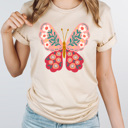 Large Cream Spring Pink Flower Butterfly Graphic Tee, Floral Butterfly Shirt, Spring Flowers  