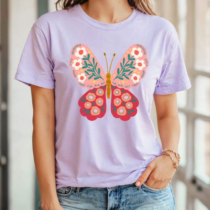 Spring Pink Flower Butterfly Graphic Tee, Floral Butterfly Shirt, Spring Flowers  