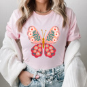 Medium Pink Spring Pink Flower Butterfly Graphic Tee, Floral Butterfly Shirt, Spring Flowers  