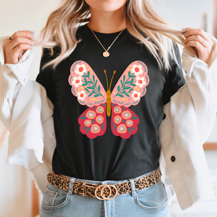Spring Pink Flower Butterfly Graphic Tee, Floral Butterfly Shirt, Spring Flowers  