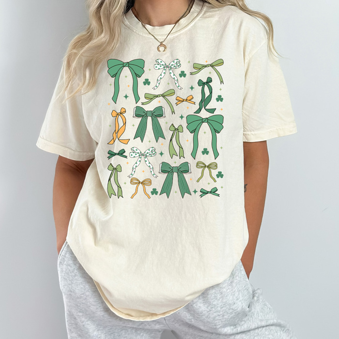 Green Coquette Bow St Patrick's Day Comfort Colors Tee, Lucky Shamrock And Bows Graphic Tee