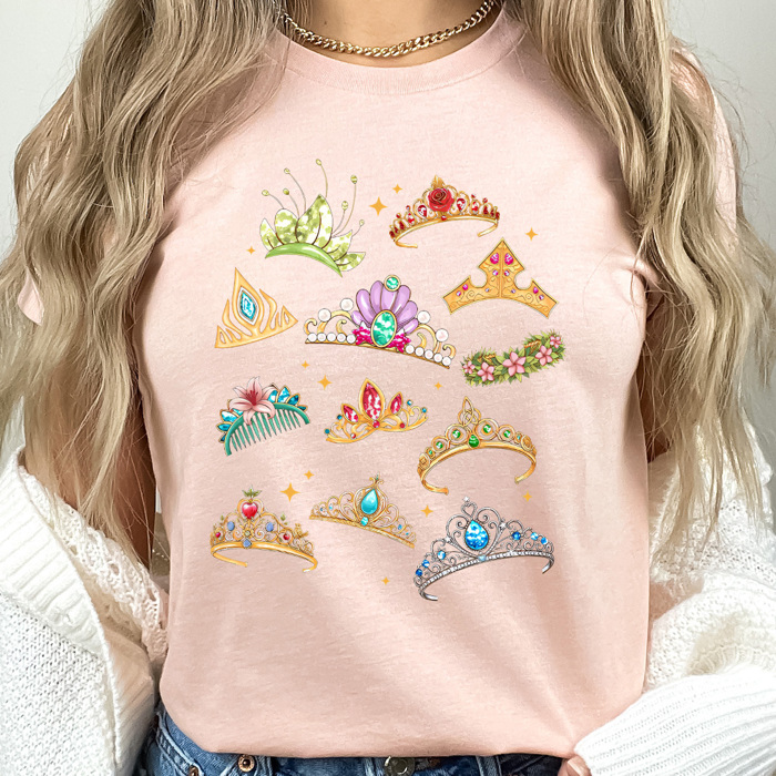 Fairy Tale Princess Crown Graphic Tee, Theme Park Princess Printed Shirt, Theme Park Vacation Tee