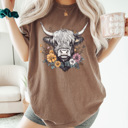 Large Espresso Floral Highland Cow Comfort Colors Tee, Western Flower Cow Printed Tee, Cowgirl Shirt 