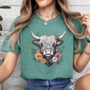 Large Light Green Floral Highland Cow Comfort Colors Tee, Western Flower Cow Printed Tee, Cowgirl Shirt 