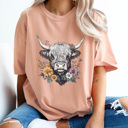 Large Peachy Floral Highland Cow Comfort Colors Tee, Western Flower Cow Printed Tee, Cowgirl Shirt 