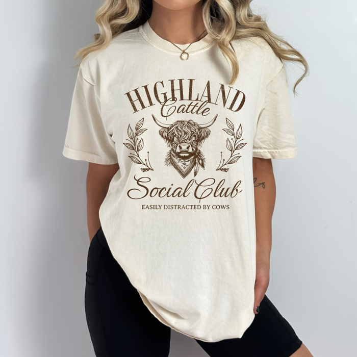 Highland Cattle Social Club Comfort Colors Tee, Easily Distracted By Cows Graphic Tee