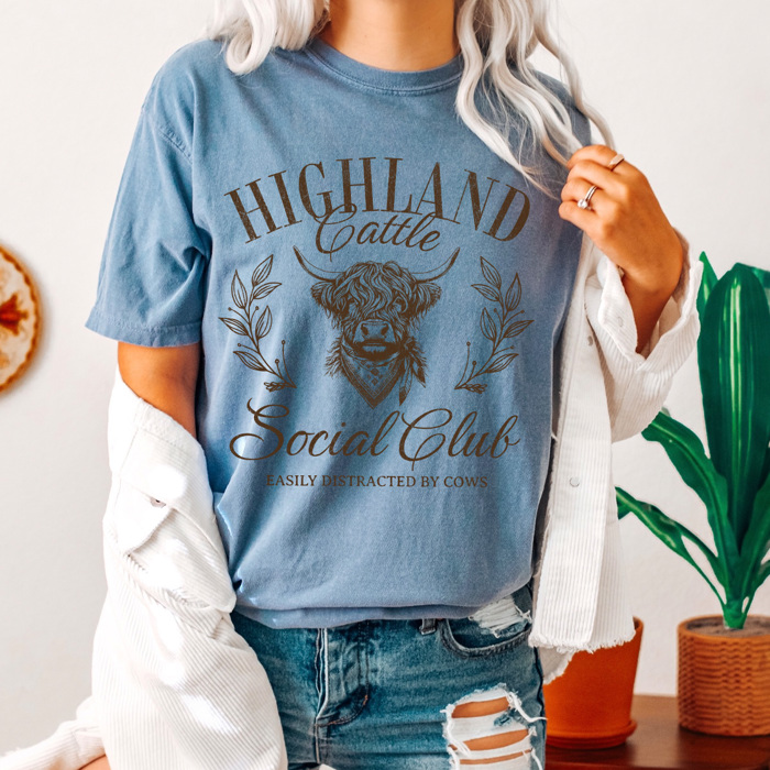 Highland Cattle Social Club Comfort Colors Tee, Easily Distracted By Cows Graphic Tee
