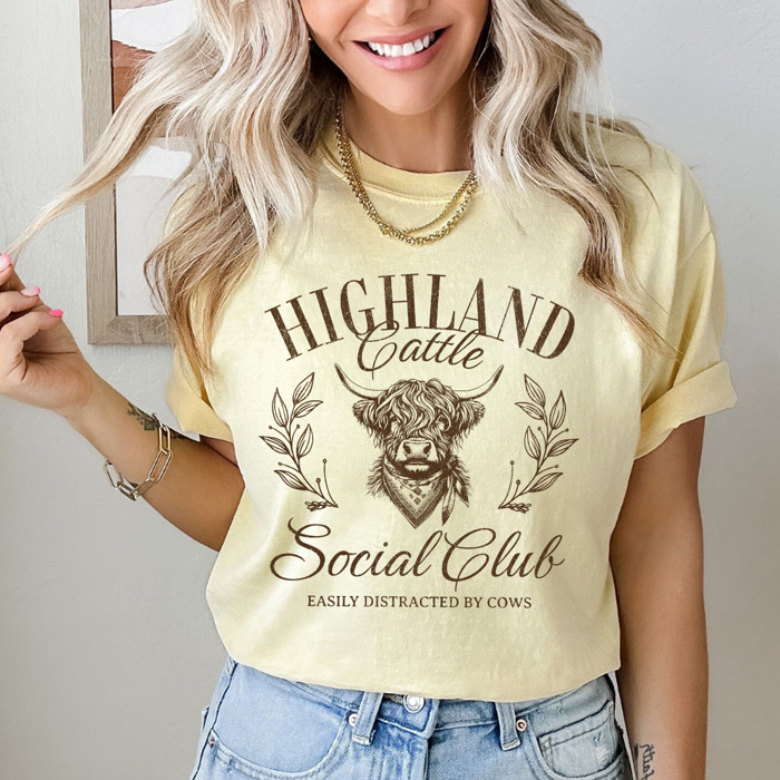 Highland Cattle Social Club Comfort Colors Tee, Easily Distracted By Cows Graphic Tee