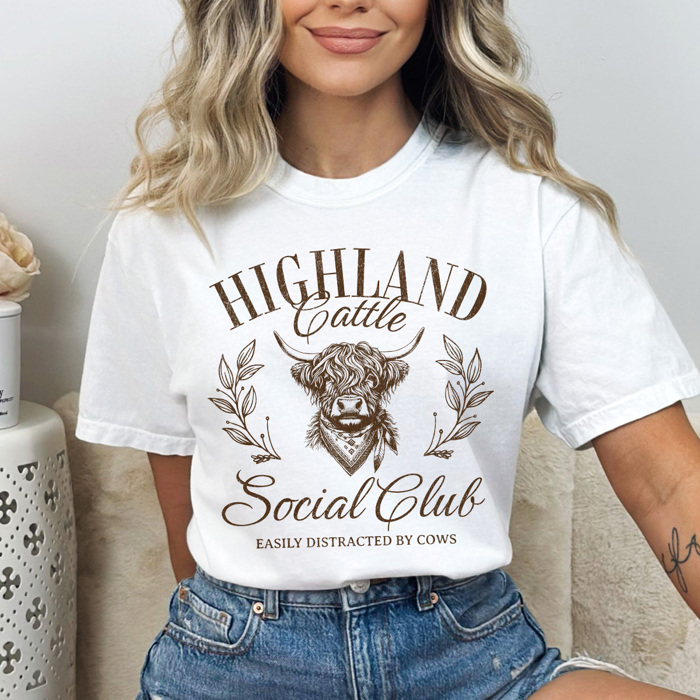 Highland Cattle Social Club Comfort Colors Tee, Easily Distracted By Cows Graphic Tee