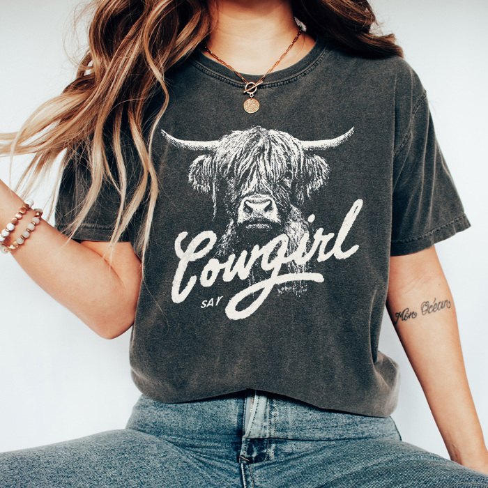 Cowgirl Highland Cow Comfort Colors Tee, Western Cow Graphic Tee, Country Vintage Tee