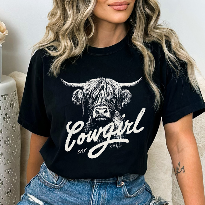 Cowgirl Highland Cow Comfort Colors Tee, Western Cow Graphic Tee, Country Vintage Tee