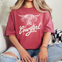 Medium Crimson Cowgirl Highland Cow Comfort Colors Tee, Western Cow Graphic Tee, Country Vintage Tee