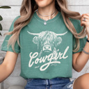 Small Light Green Cowgirl Highland Cow Comfort Colors Tee, Western Cow Graphic Tee, Country Vintage Tee