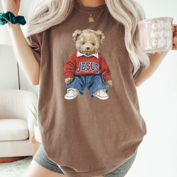 Jesus Loves Me Teddy Graphic Tee, Trendy Teddy Bear Shirt, Jesus Teddy Comfort Colors